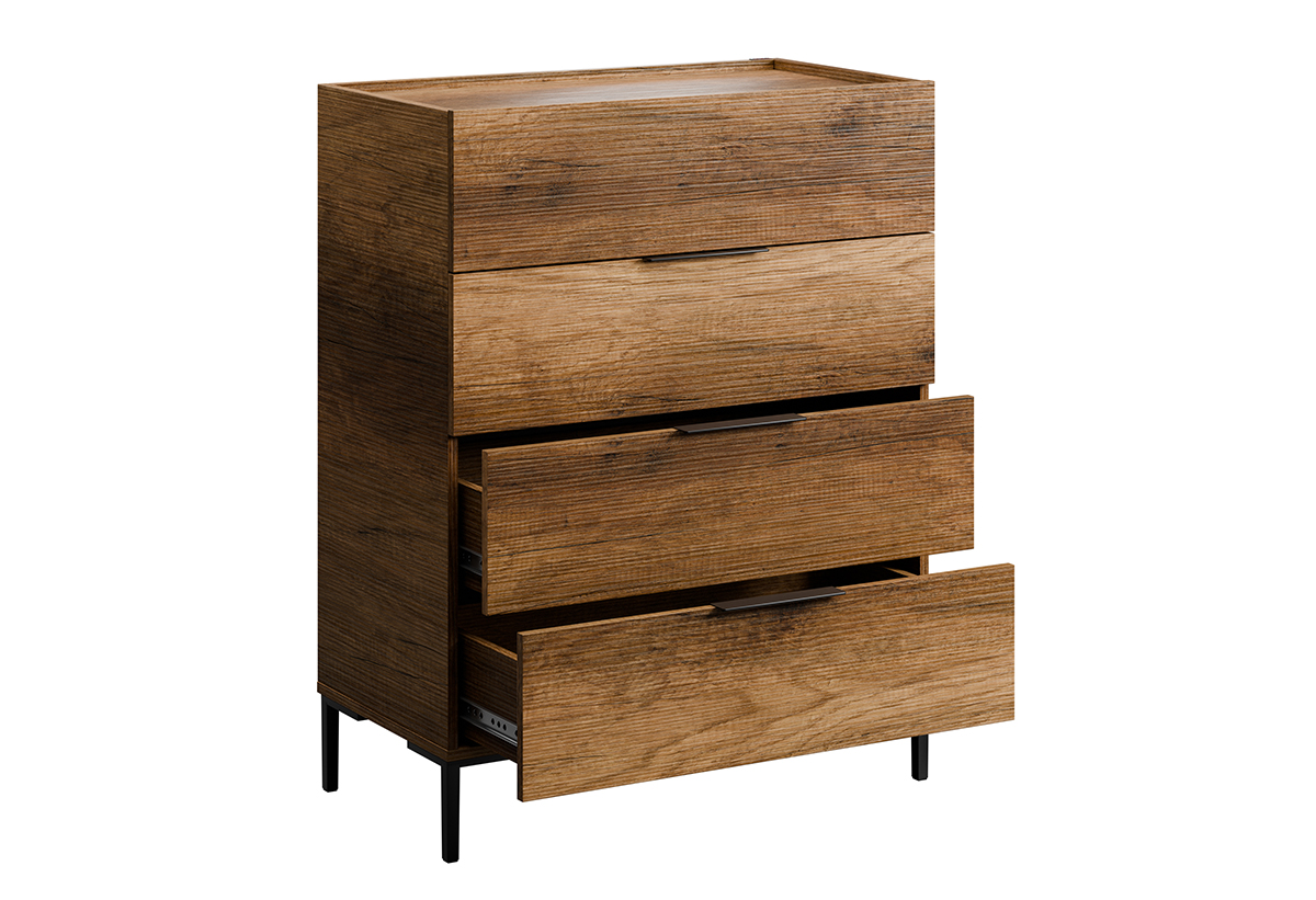 Απεικονίζεται η συρταριέρα με τα συρτάρια ανοιχτά.